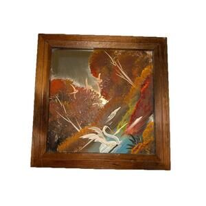 Vintage Hanging Mirror with Landscape/Lake/swan Oil Painting; Signed